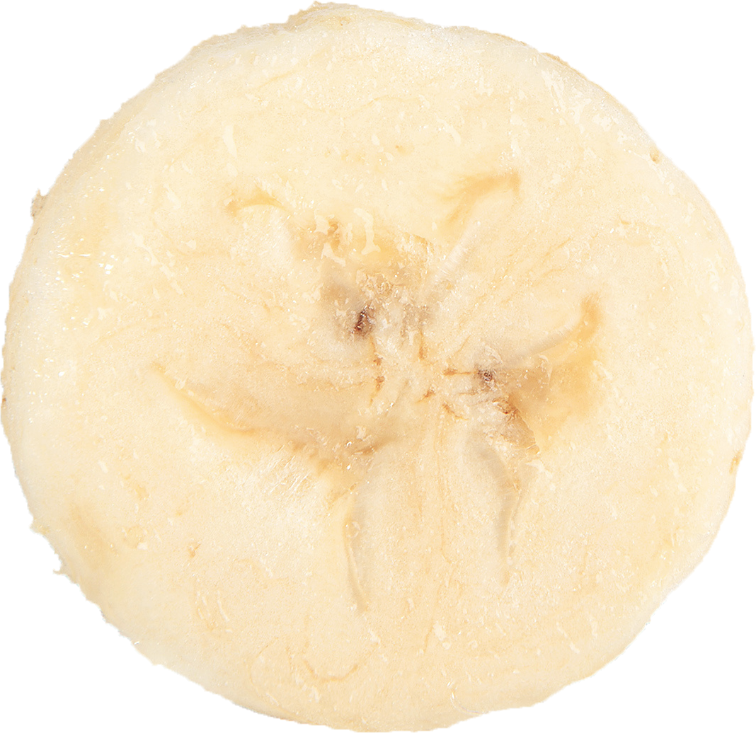 A slice of peeled banana as seen from a frontal perspective.